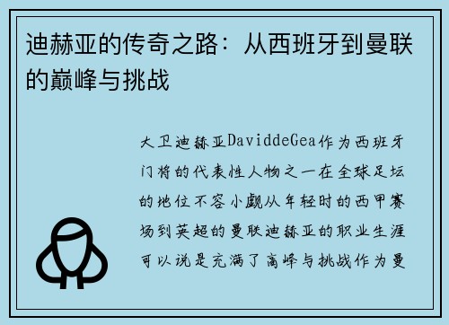 迪赫亚的传奇之路：从西班牙到曼联的巅峰与挑战