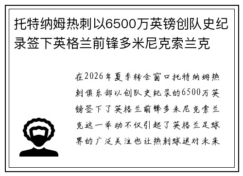 托特纳姆热刺以6500万英镑创队史纪录签下英格兰前锋多米尼克索兰克
